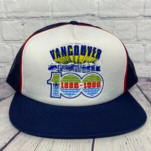 Vintage Vancouver 80s Centennial 100 1886-1986 Trucker Hat Mesh Cap Navy Blue